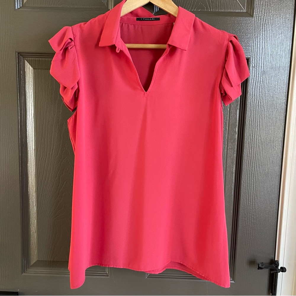 NWT T Tahari Ruffle Cap Short Sleeve Crepe Blouse Pink - large
